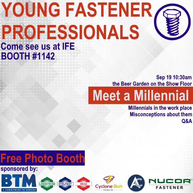 TheBeardedNut's tweet photo. IFE is one week away!!! Besides coming by @SpringBoltNut booth 1230. Be sure to come by booth 1142 the #youngfastenerprofessionals booth and get your photo taken. And don't forget our event on the second day of the show "Meet a Millennial" #fasteners #IFE #ife2019 #supplychain https://t.co/s3py5TelAS