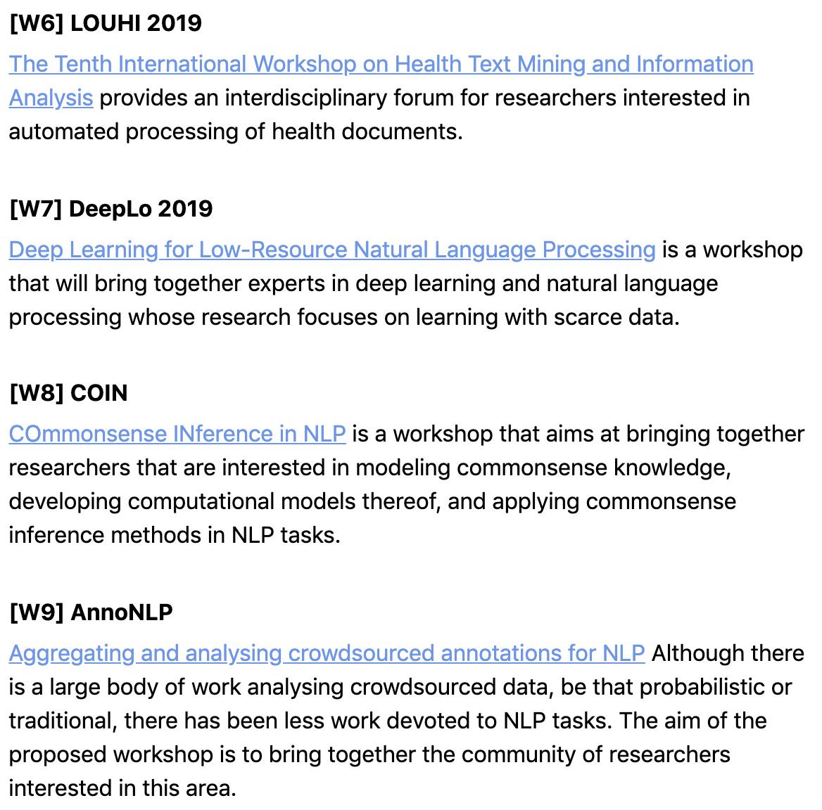 emnlp2020's tweet photo. We have a great line-up of workshops at EMNLP-IJCNLP 2019 this year:
Day 1: FEVER, DiscoMT, LANTERN, MSR, LOUHI, DeepLo, COIN, AnnoNLP
Day 2: MRQA, BioNLP, WNGT, W-NUT, NewSum, TextGraphs, WAT, ECONLP, NLP4IF.
https://t.co/KgEAFKycvq https://t.co/7QlZxJwnoZ