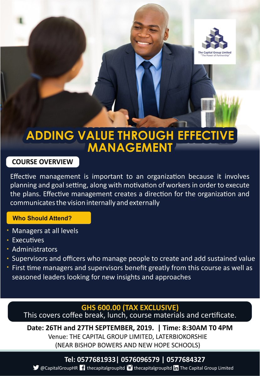 CapitalGroupHR's tweet photo. The Capital Group brings you another Training which Speaks about; ADDING VALUE THROUGH EFFECTIVE MANAGEMENT 🔴🔵⚫️🔝☑️
It's a must attend Program which will add Value to all Staff.
#CapitalGroup #AddingValue #RushNow https://t.co/Fpksd3gOTh