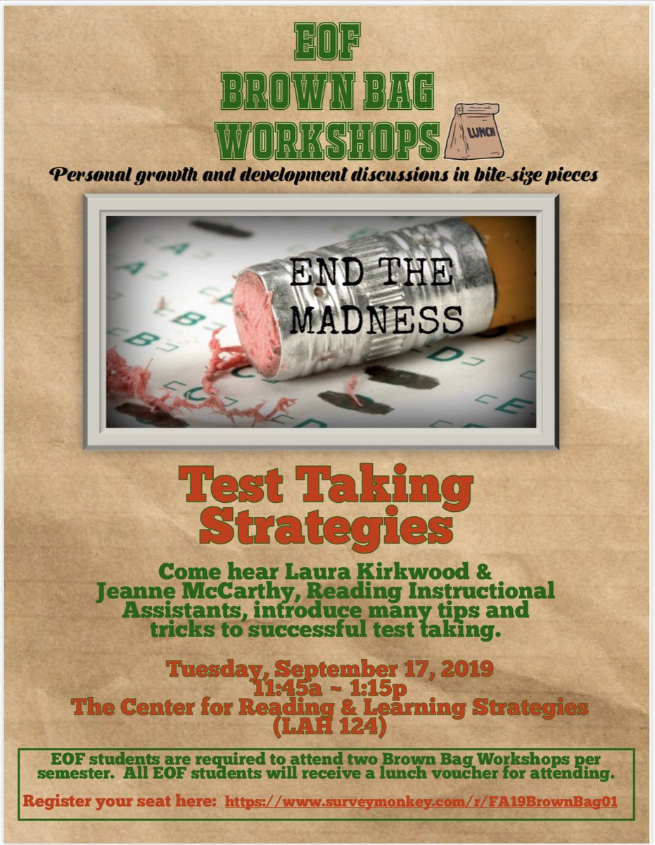 BrookdaleCC_EOF's tweet photo. Sign up for our first #BrownBagWorkshop for #Fall2019!  Learn tips and strategies for taking tests &amp; exams in any of your @BrookdaleCCNews classes!  Register today at https://t.co/uJQ6shFxEf 💻 #EOFAdvantage #EOFStrong #EOFWorks #SuccessStartsAtBrookdale https://t.co/JJeQaWLh9f