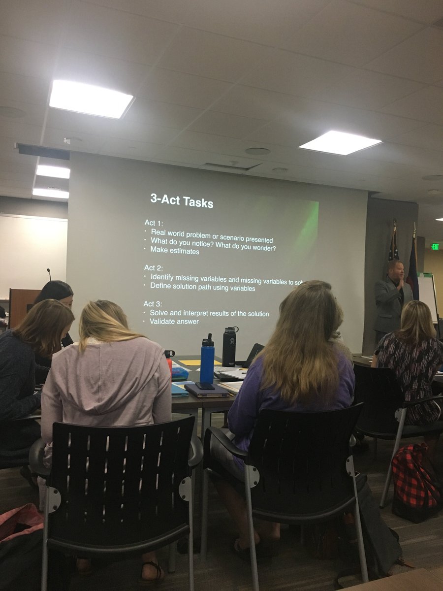 Jeffco_Math's tweet photo. Learning how to use 3-Act Tasks to leverage student thinking and discussions in the classroom with Graham Fletcher. He states, "A really good task will identify what your kids can do." #jeffcogenerations #jeffcomathinstruction #jeffcoschoolsfn https://t.co/xmRRifUkG4