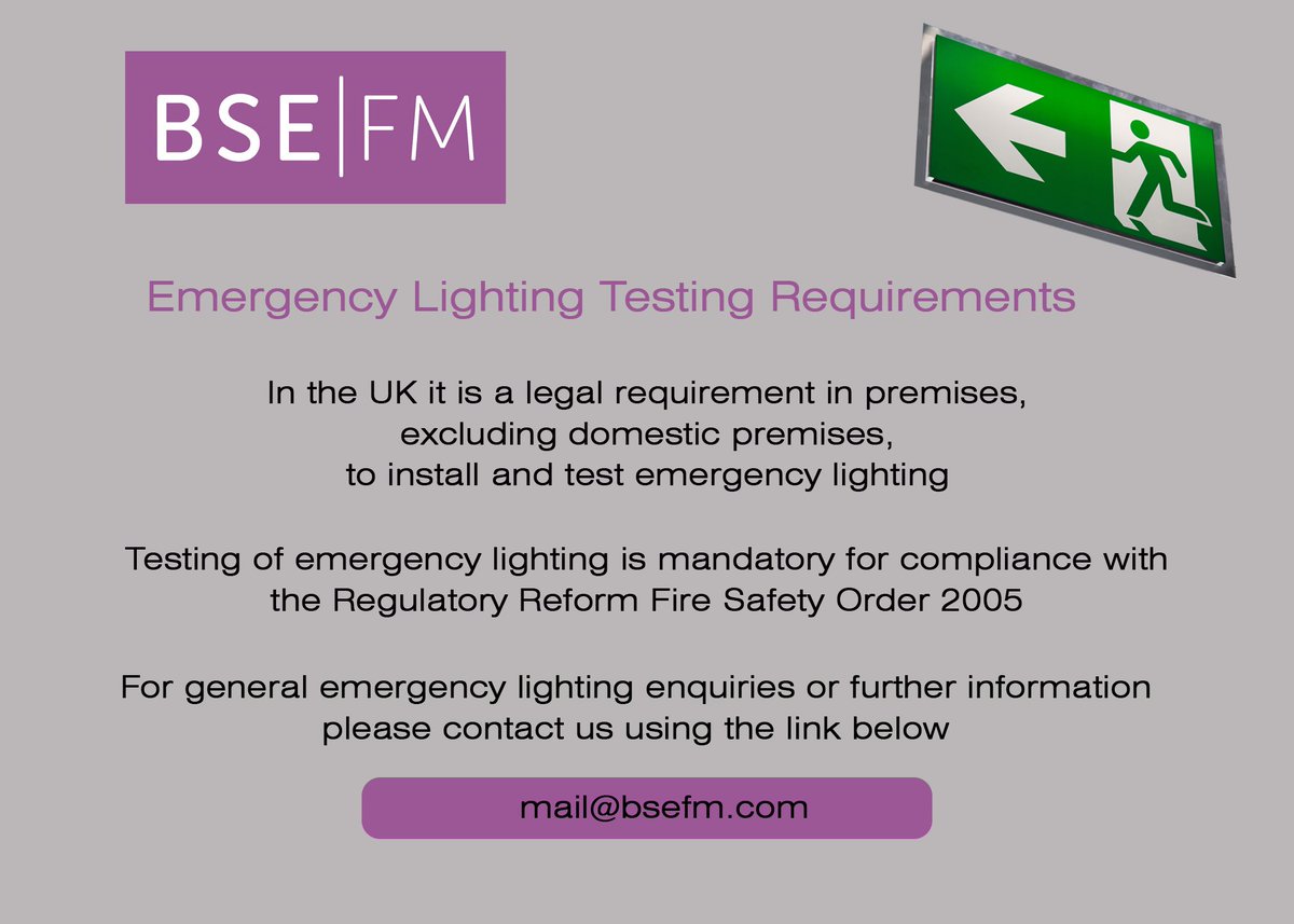 BSEFacilitiesM's tweet photo. 💡Emergency Lighting Testing Enquiries💡 

In the UK it is a legal requirement in premises, excluding domestic premises, to install and test emergency lighting. For more information, contact us now: mail@bsefm.com

#emergencylighting #FacilitiesManagement 
#lighting https://t.co/fe7UruUO76