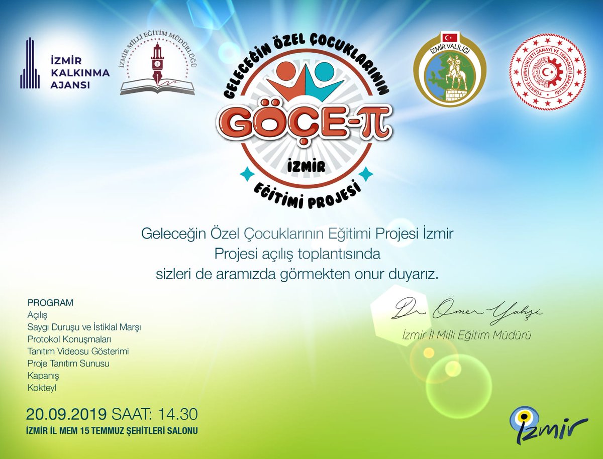 GELECEĞİN ÖZEL ÇOCUKLARININ EĞİTİMİ PROJESİ AÇILIŞ TOPLANTISI
📅 20 Eylül 2019
⏰ 14.30
📌İl MEM 15 Temmuz Şehitleri Konferans Salonu
<a href="/ziyaselcuk/">Ziya Selçuk</a> 
<a href="/yahsiomer/">Dr. Ömer YAHŞİ</a>