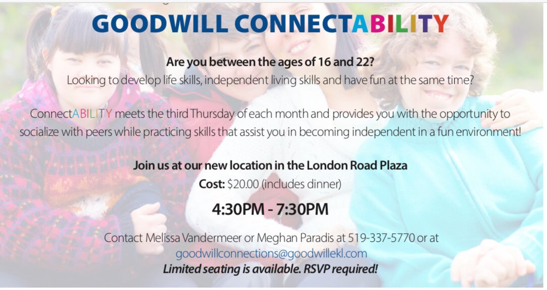 Goodwillconnect's tweet image. Looking to have fun and develop life and independent living skills? ConnectABILITY meets the third Thursday of each month. 
Contact us for more information today!