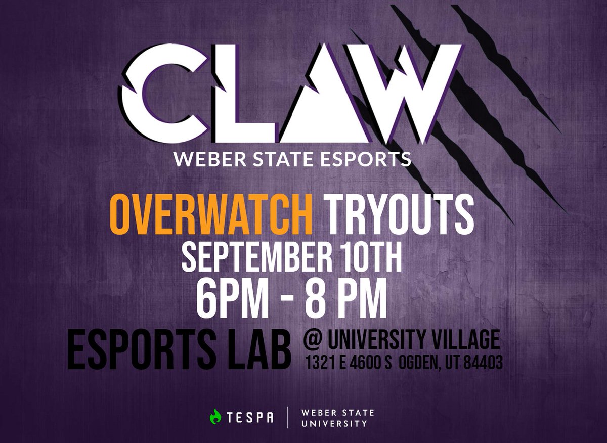 CLAW || Weber State Esports (@clawgaming_wsu) on Twitter photo GAMERS! Our <a href="/PlayOverwatch/">Overwatch</a> tryouts are tonight!! Let's GO! #WeberState #LouderAndProuder 
and if you haven't joined our discord ⬇️
discord.gg/EYF3Rma
We're here to answer all your questions, or add you to the online tryout list! GAMERS! Our <a href="/PlayOverwatch/">Overwatch</a> tryouts are tonight!! Let's GO! #WeberState #LouderAndProuder 
and if you haven't joined our discord ⬇️
discord.gg/EYF3Rma
We're here to answer all your questions, or add you to the online tryout list!