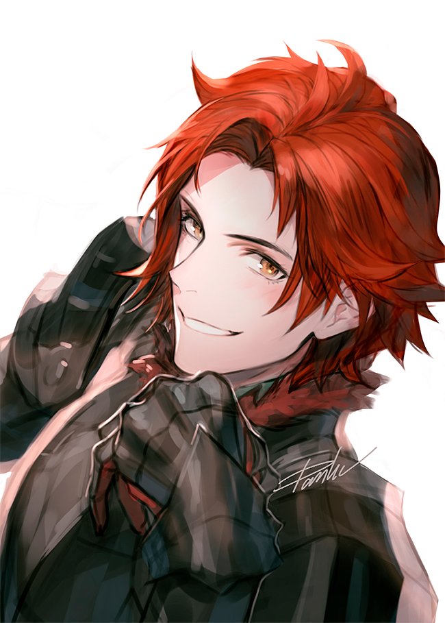 1boy male focus red hair solo smile white background armor  illustration images