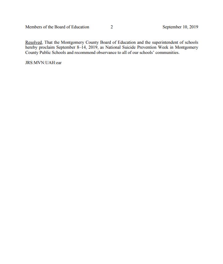 MCPS's tweet photo. MCPS places an importance on mental and emotional health as one of the cornerstones of the #BeWell365 health and wellness initiative. Today @mocoboe proclaimed Sept. 8–14, 2019, as National Suicide Prevention Week in MCPS. https://t.co/M48o4u6TSQ