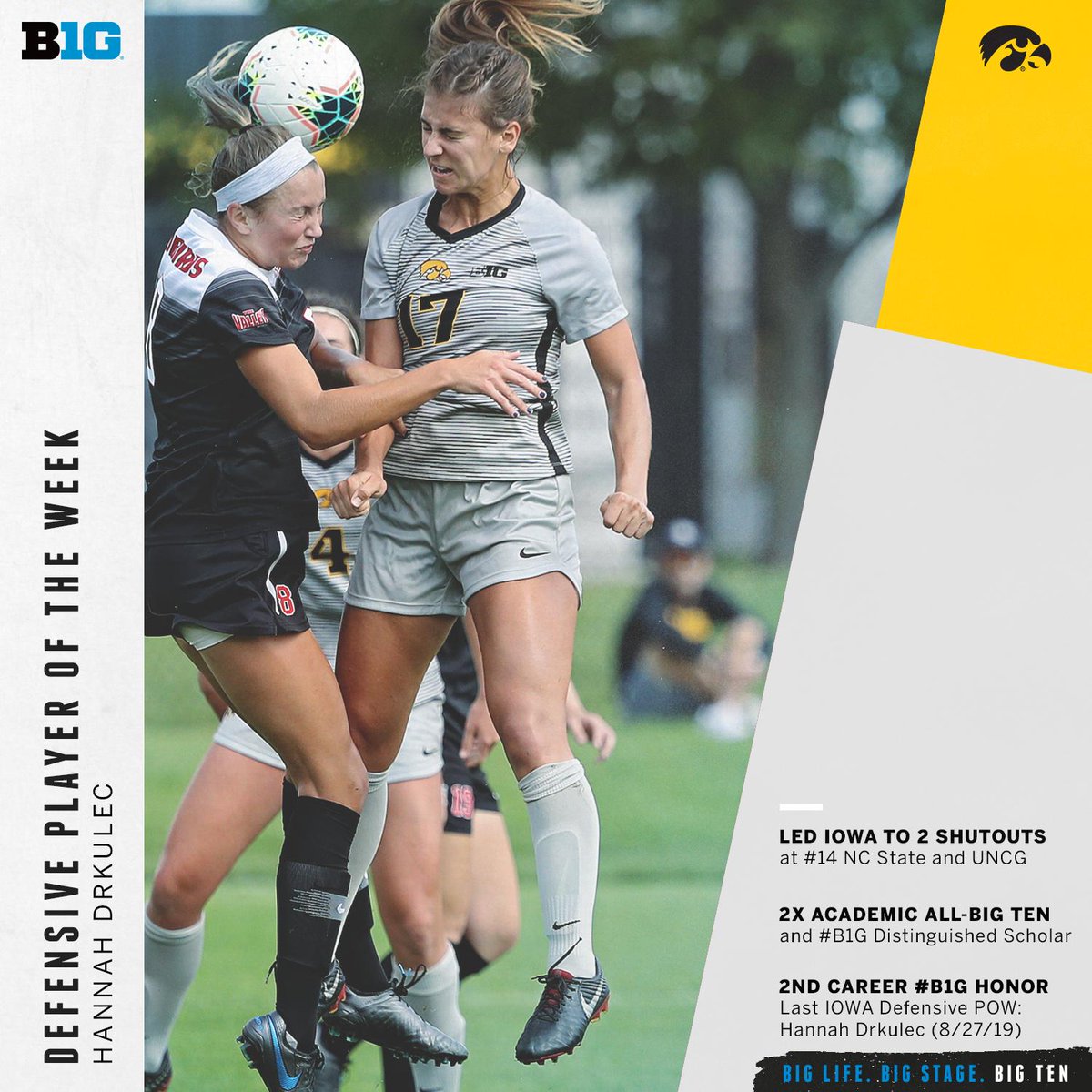 B1GSoccer's tweet photo. Hannah Drkulec of @HawkeyeSoccer received her 2nd #B1GWSOC Defensive Player of the Week award this year, leading the #Hawkeyes to road shutouts at #14 NC State and UNCG while scoring a goal in the latter win: https://t.co/1yWPkMwMMv https://t.co/Sfm98kQ6GT