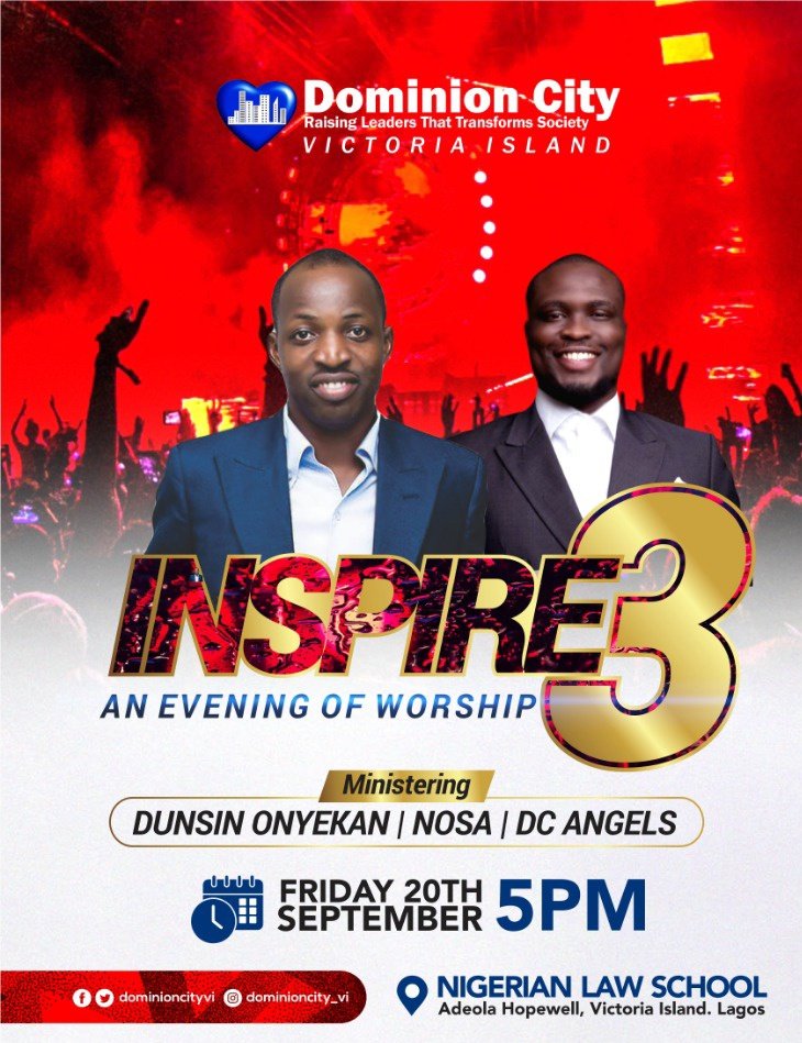 Dominioncityvi's tweet photo. There's no better place to be than the presence of God.. He dwells in the praises of His people.
Join us 20th September 2019 by 5pm for an unadulterated worship of our God - Yahweh.
It is #Inspire3 ; the 1st and 2nd were awesome. #Dunsin,#Nosa & #DcAngels will bring His presence https://t.co/XOku9AFXjH