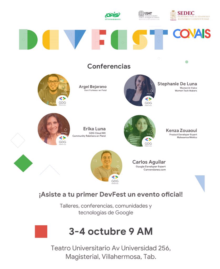 SEDEC_Tab's tweet image. #SEDEC te invita a participar en las jornadas de conferencias en el marco de CONAIS @ujat #DevFest19 un evento organizado para impulsar el desarrollo y creación de emprendimiento de proyectos basados en tecnologías.

¡Asiste y participa!
Más información: 993 310 9750 Ext.48073