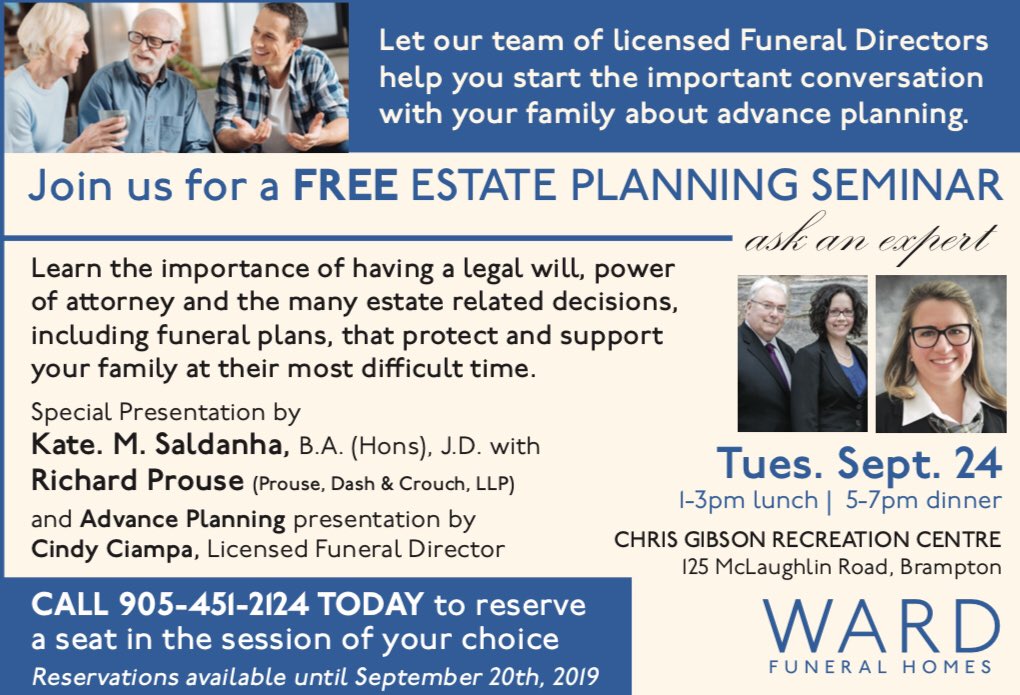 WardFuneralHome's tweet photo. Join us #Brampton for this FREE Estate Planning seminar! https://t.co/9tknUf1rHM