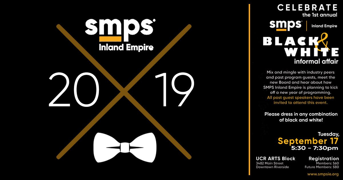 SMPS_SD's tweet photo. Come meet and greet our fresh @smpsie Chapter at their (informal) Black & White event next week on 9/17 in Riverside - we look forward to doing more with your Chapter, IE! https://t.co/kj5nY8mref #SMPS #SDxIE #AEC #MarketingUnity https://t.co/nF4sTvmxEH
