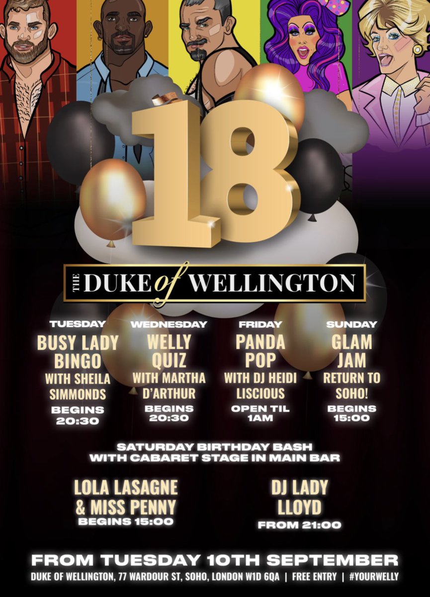 1DukeOfWelly's tweet photo. A whole week celebrating 18 years as an LGBTQ+ venue! Come down and wish us a happy birthday this week! @SheilaSimmonds @MarthaDArthur @TopsieRedfern @Heidiliscious @TheFoodChain @DJLadyLloyd @MissPennyDQ @MissLolaLasagne #YourWelly #TheSohoLocal #party #soho https://t.co/cJkqSh0uUp