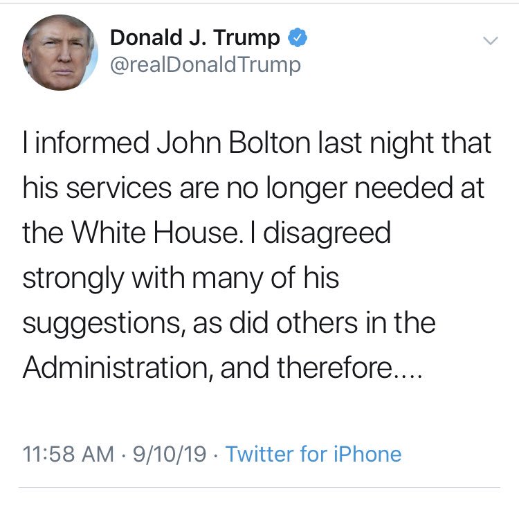 11:07 -> Collins tweets the "WH just announced" that Bolton will brief on camera, but no mention that Bolton's firing is imminent.11:58 -> Trump fires Bolton.Have this in mind when Collins pretends that she has WH sources who give her real-time play-by-play from the Oval.