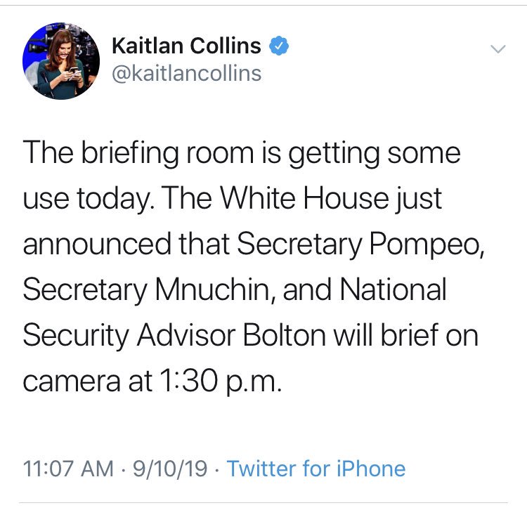 11:07 -> Collins tweets the "WH just announced" that Bolton will brief on camera, but no mention that Bolton's firing is imminent.11:58 -> Trump fires Bolton.Have this in mind when Collins pretends that she has WH sources who give her real-time play-by-play from the Oval.