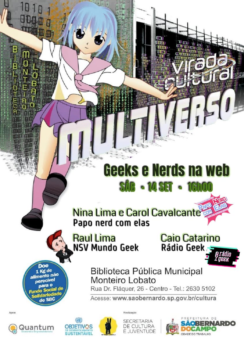 Raul_Diz's tweet photo. Logo mais estarei no programa #AnimeStation da @radiogeekbr, com @CatarinoCaio, @pedrozambarda e mais, batendo um papo sobre Multiverso, o tema da 4° Virada Cultural de SBC.
Que estarei com Caio da rádio, @ccarolzita e @Jsenalima do @PapoNerdCE https://t.co/uegj6CQWxu