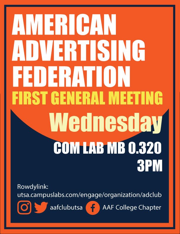 Interested in marketing, graphic design, research, and having Adobe as your client? The American Advertising Federation is hosting its first general meeting tomorrow in the COM Lab (MB 0.320) at 3PM. Stop by to learn more about the opportunities we have for you! 😃 #UTSA #NSAC