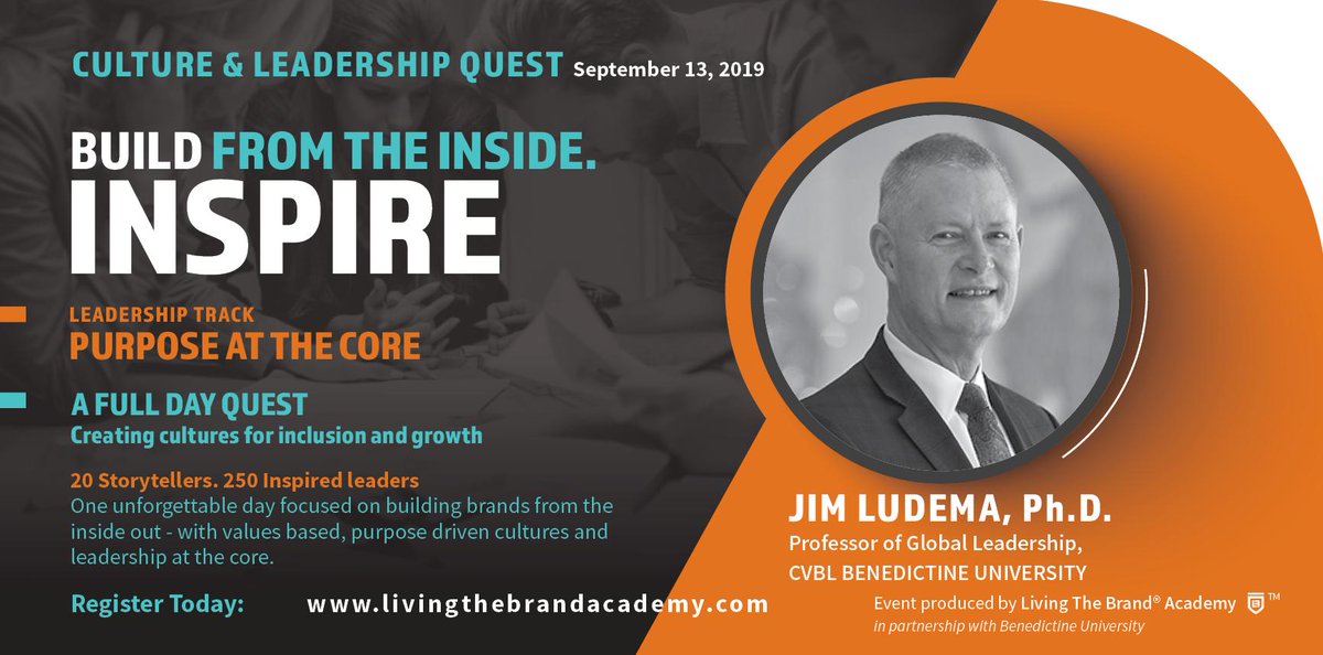 This Friday, Jim Ludema, Ph.D. Professor of Global Leadership; Founder & Director, Center for Values-Driven Leadership will join CULTURE & LEADERSHIP QUEST 2019. We are going to talk about PURPOSE being at the core of Leadership. Register today. …shipquest19.livingthebrandacademy.com @BenU1887