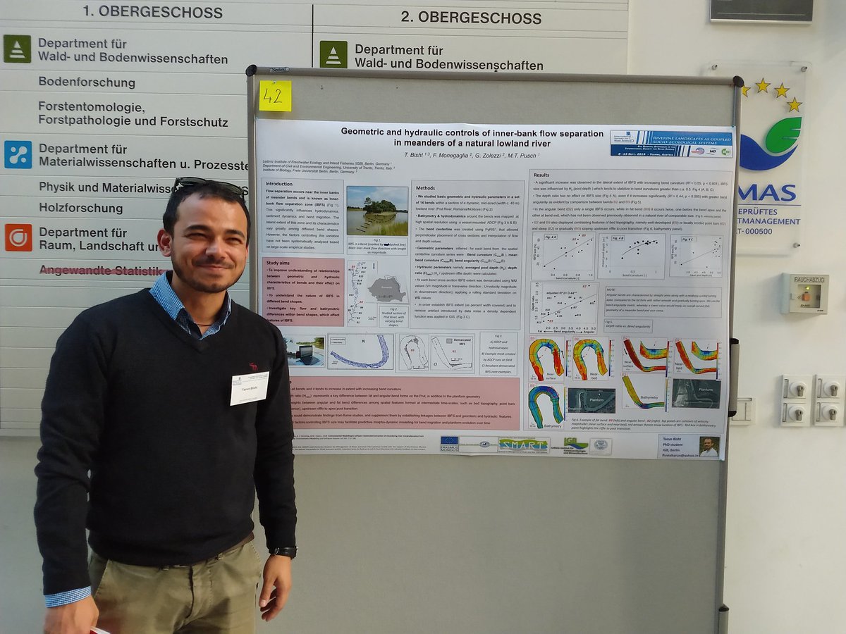 SMART_emjd's tweet photo. Striving to better understand how meandering rivers function, SMART doctoral candidate Tarun Bisht @fluvialtarun conducts his PhD research on the geometric and hydraulic controls of inner bank flow separation, presented today @ISRS2019 poster session #smartphd #riverscience https://t.co/875jT1tXYn