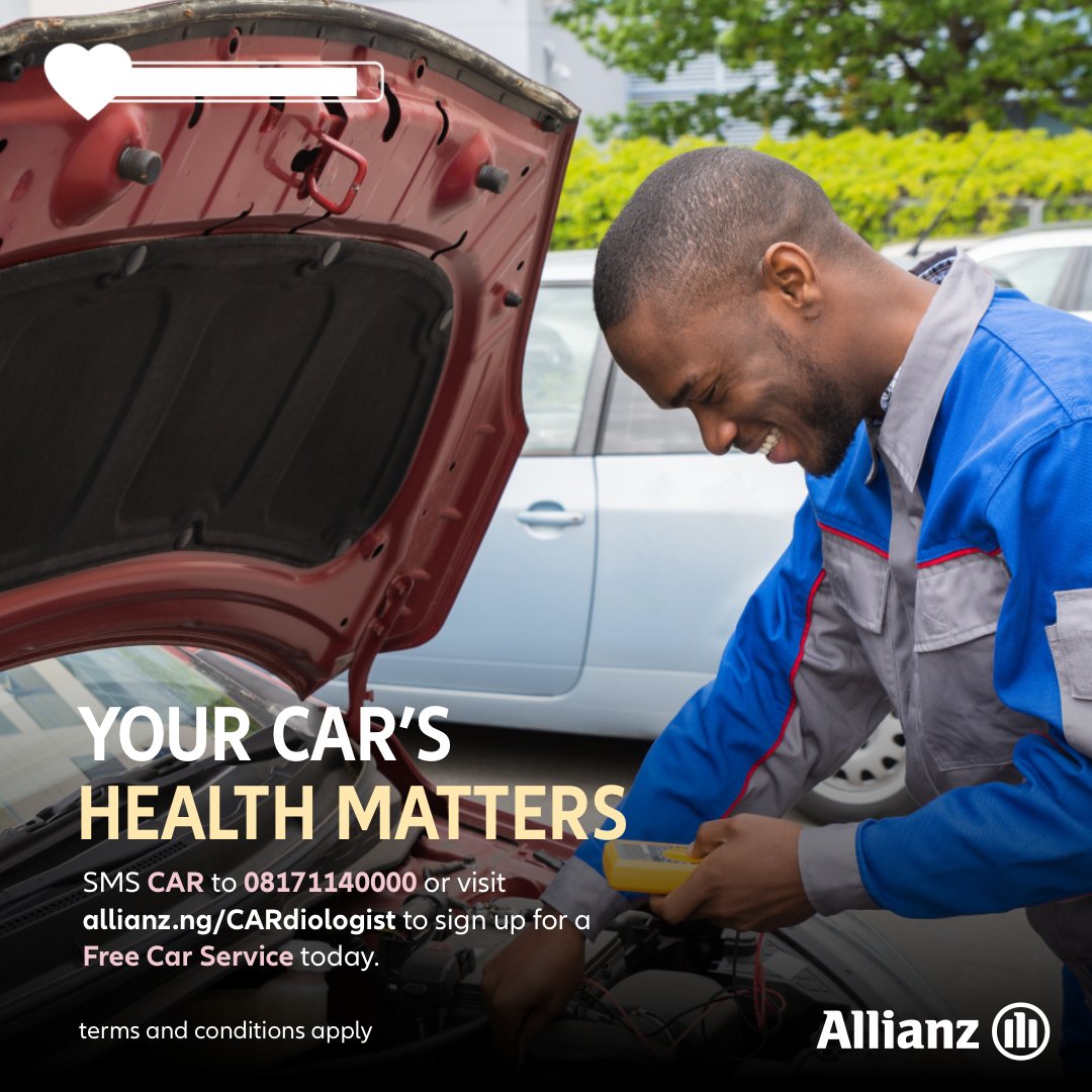 SanlamAllianzNG's tweet photo. We care about the health of your car. Sign up for a #FreeCarService from the #AllianzCARdiologist today. SMS CAR to 08171140000 or visit https://t.co/twA49Ya7XC to get started. Terms and Conditions apply. #AllianzCARdiology #Lagos #Allianz https://t.co/TRSscbuqCt