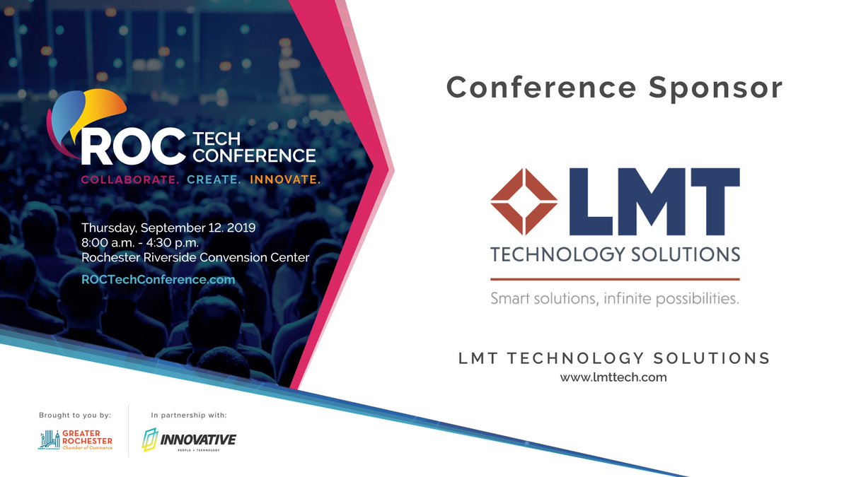 ROCTechConf's tweet photo. Thanks so much to the team @LMTtechnology  for their investment in ROC Tech19! Make sure to explore cutting edge tech with the LMT team on September 12th! Don’t be left out of the premier tech conference. https://t.co/crCBa80gHW

#lead #technology #innovate #rtc19 #togetherwewin https://t.co/4GUQZiGVNJ