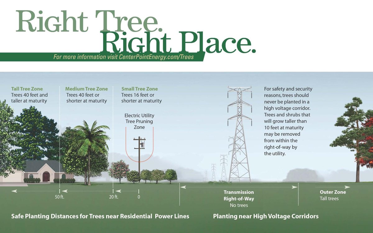 CenterPoint's tweet image. When trees grow and extend into power lines, they sometimes cause power outages and safety hazards in your neighborhood.  If you’re purchasing trees to plant and are near our facilities, please consult our planting guide first. #righttreerightplace ora.cl/Ql4Ul