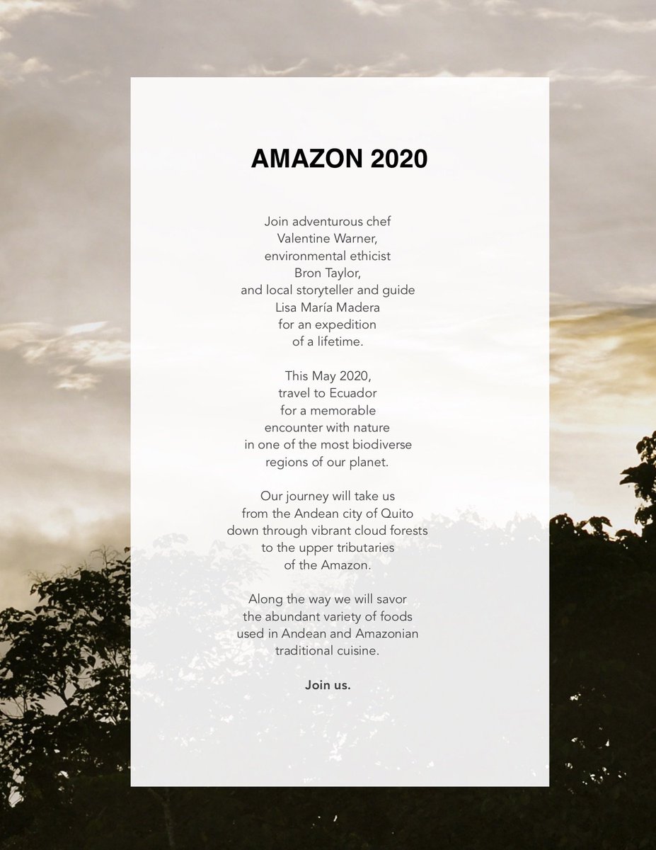 BronTaylor's tweet photo. @ValentineWarner (the UK's charismatic celebrity, foraging chef), Amazonian storyteller @lmaderaquito, and I, will together lead an expedition into the Amazon May 2020. Who will dare to join these wild ones in this wild place? For details see https://t.co/60EtultSJ4 #Amazon2020 https://t.co/Dvt7LMC8Mf