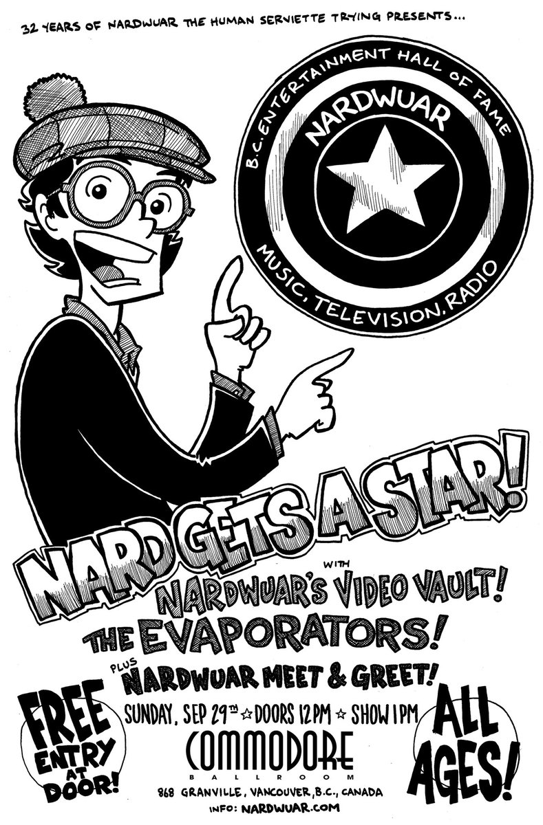 'Nard Gets A Star!' FREE & ALL AGES gig on September 29th @commodorevcr in Vancouver, BC to celebrate my entry into the @BcHof & a star on the BC Walk of Fame! Doors 12noon Show 1pm featuring my band @Theevaporators plus Nardwuar’s Video Vault & a Nardwuar Meet n Greet! Doot doo!