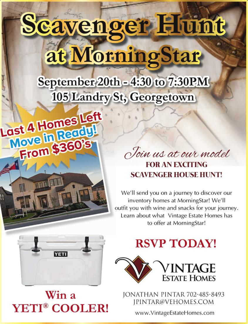 LiveMorningStar's tweet photo. Join Vintage Estate Homes in the Scavenger Hunt fun to celebrate the last 4 move-in ready homes! You never know what you’ll find! View more: https://t.co/tYUD75uSe5 #LivingMorningStar #GeorgetownTX #VintageEstateHomes #ThisisEasyLivin’ #GeorgetownRealEstate https://t.co/zlxCI6WcXF