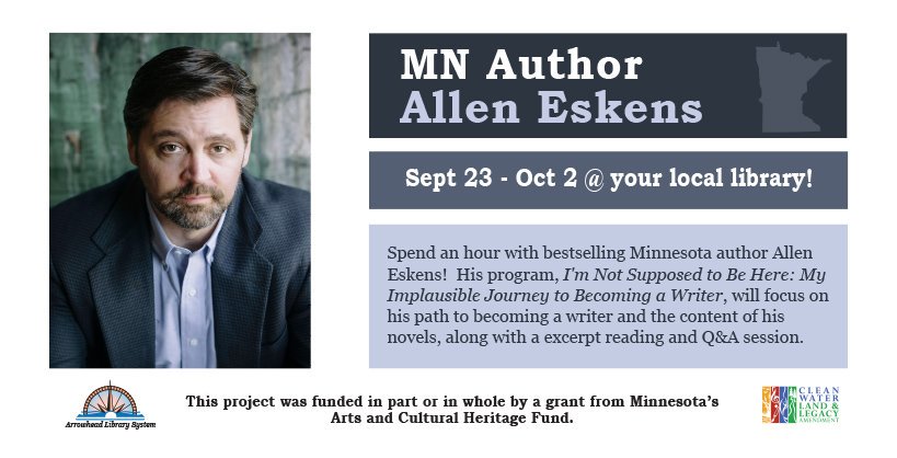 ALSLibraryNews's tweet photo. We are very excited to welcome MN author Allen Eskens as he tours the Arrowhead Region at the end of the month!  View the full schedule and program details here: https://t.co/UwumAtscZZ

#ArrowheadLibrarySystem #librarylegacy https://t.co/yTdPL5iJvK