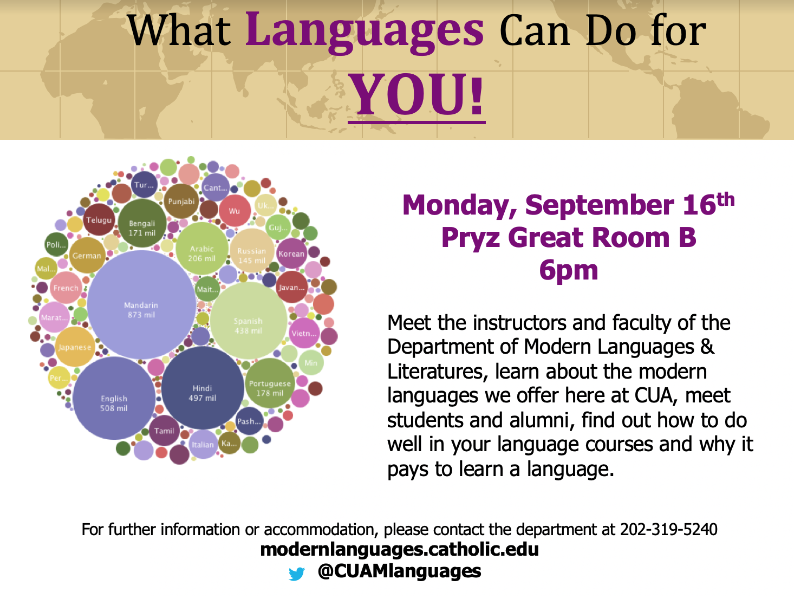 CuaGerman's tweet photo. MONDAY 9/16: What Languages Can Do for YOU! Pryz Gt Rm B and get extra credit in German 101 and 103!! Did you know German can add over $128,000 over a lifetime in added salary? #DoDeutsch #LearnGerman #CatholicU https://t.co/hvSBenYHWY