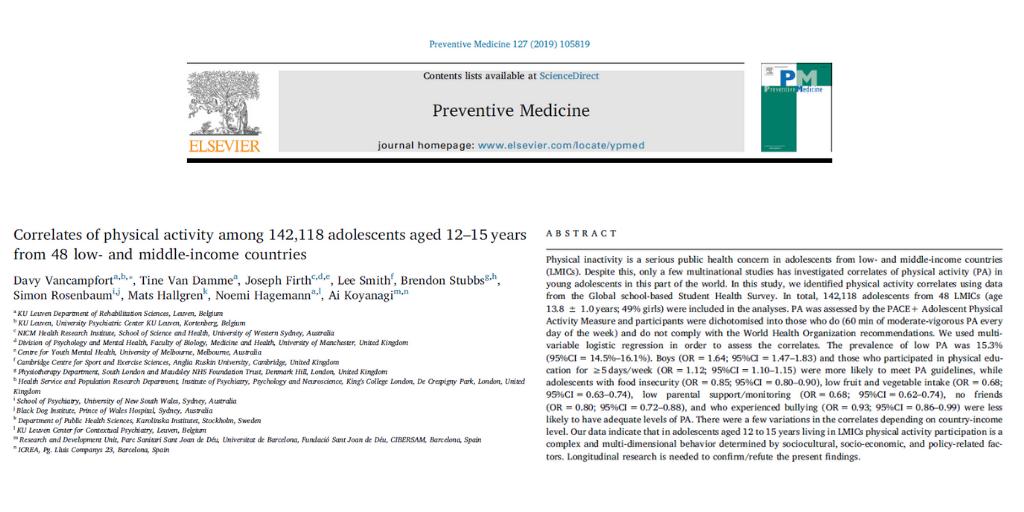 New pub alert: Correlates of physical activity among 142,118 adolescents aged 12–15 years from 48 low- and middle-income countries. Congrats to @DavyVancampfort and team for this paper recently published in Preventive Medicine. Available open access at sciencedirect.com/science/articl…