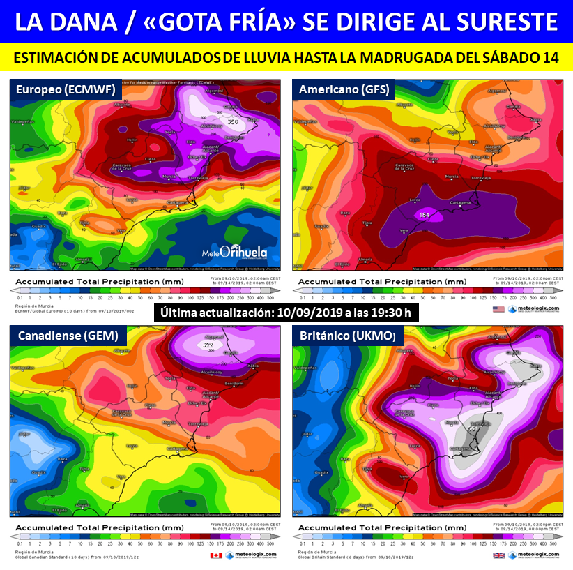 MeteOrihuela's tweet photo. ¡La #DANA / "#GotaFría" se dirige al entorno del sureste peninsular! Se mantendrá estacionaria jueves 12 y viernes 13. Adjunto cuatro ejemplos de modelos meteorológicos en su última actualización, estimando acumulados de lluvia hasta la madrugada del sábado 14. https://t.co/HVqabb9B3k