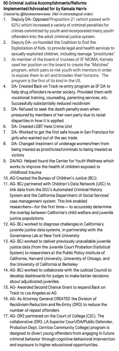 For easy sharing, here is the list of 50 things  #Kamala has done to advance  #CriminalJusticeReform as a public servant. The tweet thread provides more details on the items listed.  #Kamala2020  #KamalaHarris2020  #KamalaHarris