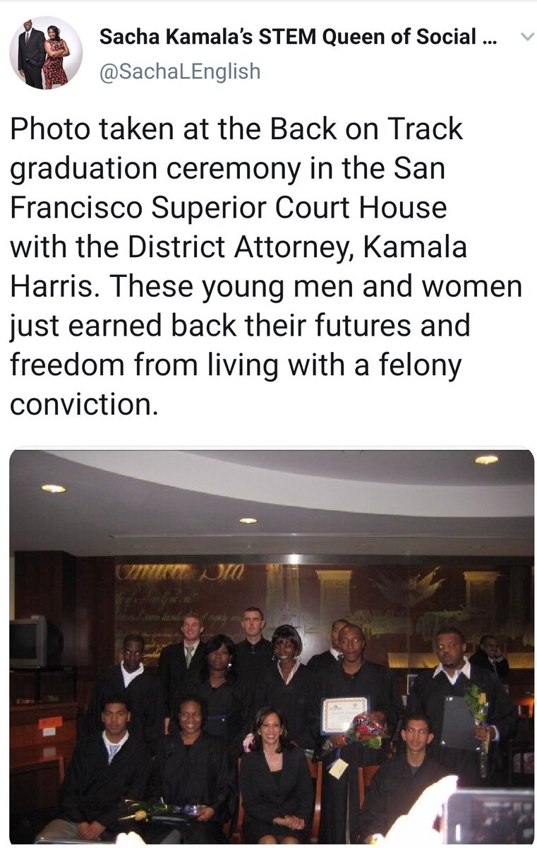 50 Times  #Kamala Accomplished/Advocated for  #CriminalJusticeReform4.DA-  #KamalaHarris Created Back on Track program to help drug offenders re-enter society. Provided vocational training, counseling, parenting services, etc. Substantially reduced recidivism for participants