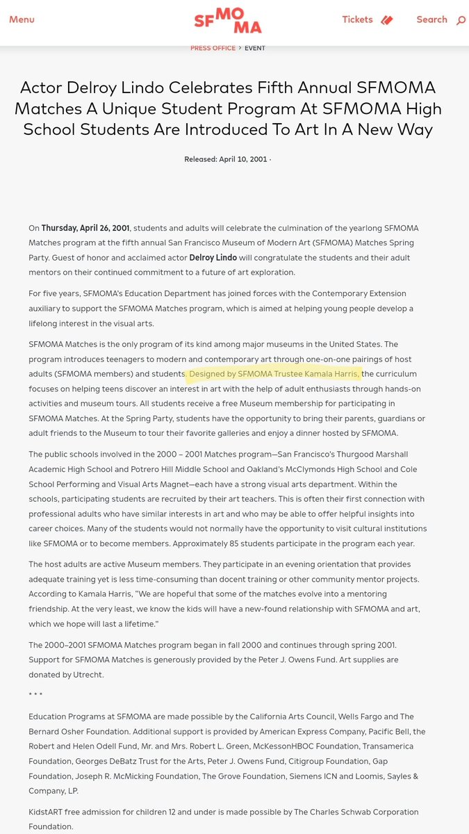 50 Times  #Kamala Accomplished/Advocated for  #CriminalJusticeReform3. As member of the board of trustees of SF MOMA,  #KamalaHarris created the 1st of its kind in the US “Matches” program, which pairs at-risk youth with mentors to expose them to art and broaden their horizons.