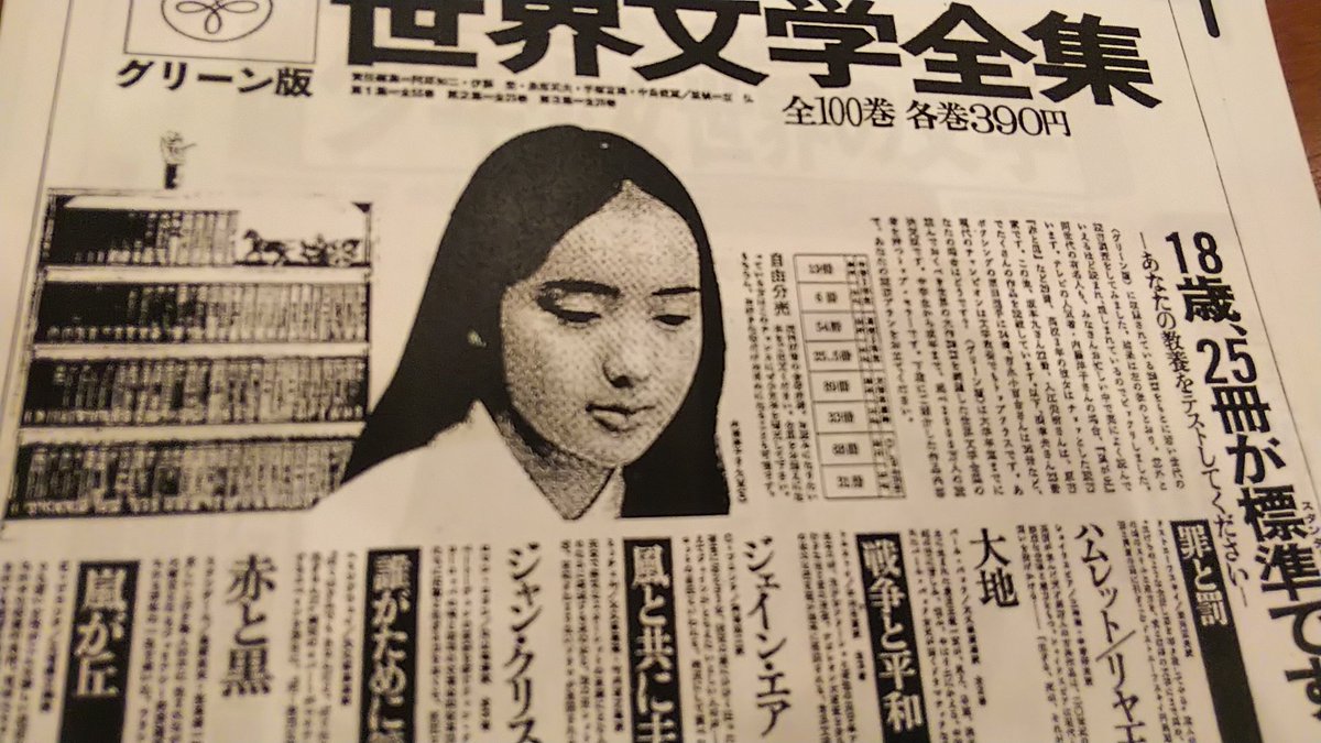 Shun Ichiro Akikusa En Twitter 河出書房 世界文学全集 新聞広告 1966年 若い世代の読書 調査をしてみました 中略 同年代の有名人も みなさんお忙しい中で実によく読んでいます テレビの人気者 内藤洋子さんの場合 嵐が丘 赤と黒 など29冊 高校2