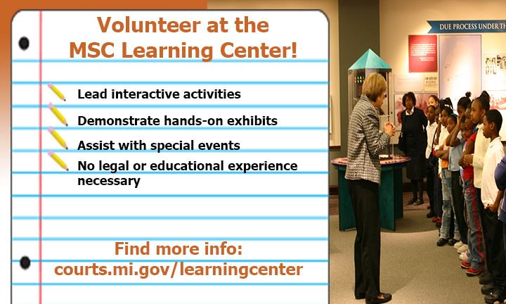 MISupremeCourt's tweet photo. MSC Learning Center is looking for docents! Apply by September 13. https://t.co/qv2qN8tOv9 @MJIEducation https://t.co/nQm7mbBo9D