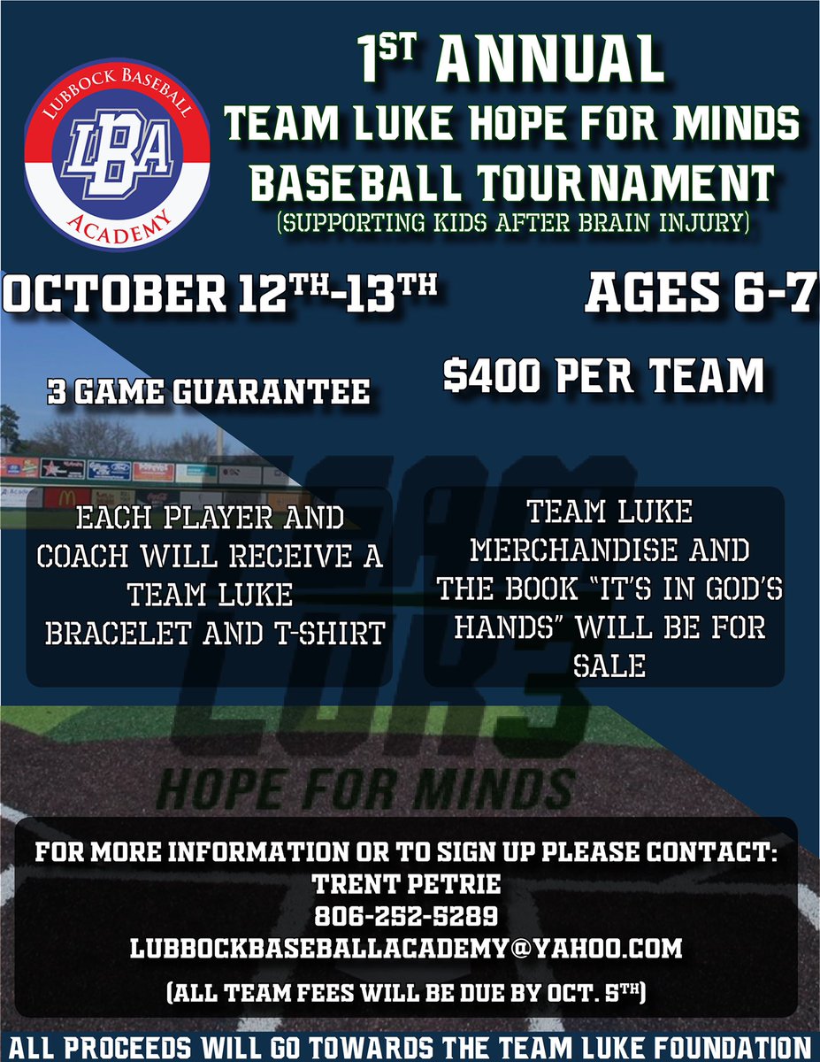 LBKBaseballAcad's tweet image. LBA ANNOUNCES TEAM LUKE BASEBALL TOURNAMENT

This 2 day event will be held at LBA’s new outdoor field.  Sign your team up now to ensure your spot.  ALL proceeds to benefit Team Luke Hope for Minds. Go follow @TeamLukeHFM to see their incredible work!