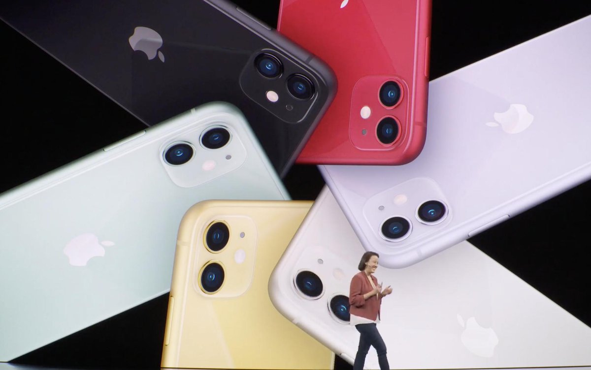 The focus of iPhone 11 is mostly cameras. Yes, that’s a pun.

6 colors: Purple, white, yellow, green, Product RED

6.1” LCD
A13 Bionic
Battery 1 hour more than XR
“Faster” FaceID
12MP primary + ultrawide
Night mode camera
Up to 4K 60fps video from both cameras

$699