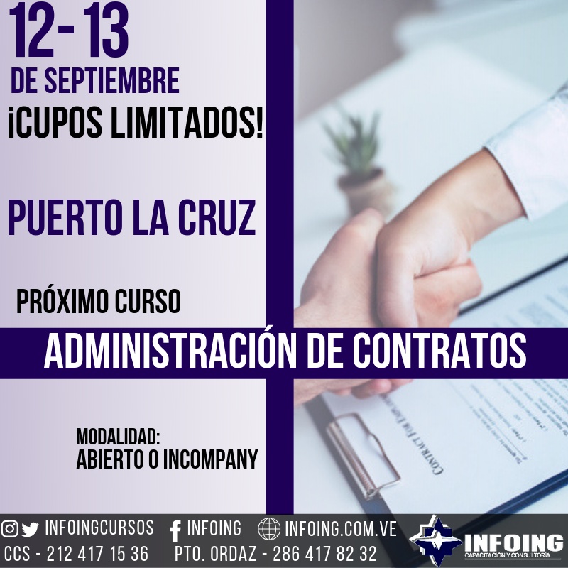 InfoingCursos's tweet photo. Nosotros pensamos en todo!!. Curso de Administración de Contratos, para que agregues esta otra habilidad a tu CV. ¡Dale un giro a tu vida! Complementa un formación laboral.  #12Sep #13Sep #PuertoLaCruz #Venezuela https://t.co/7qr1krHha7
