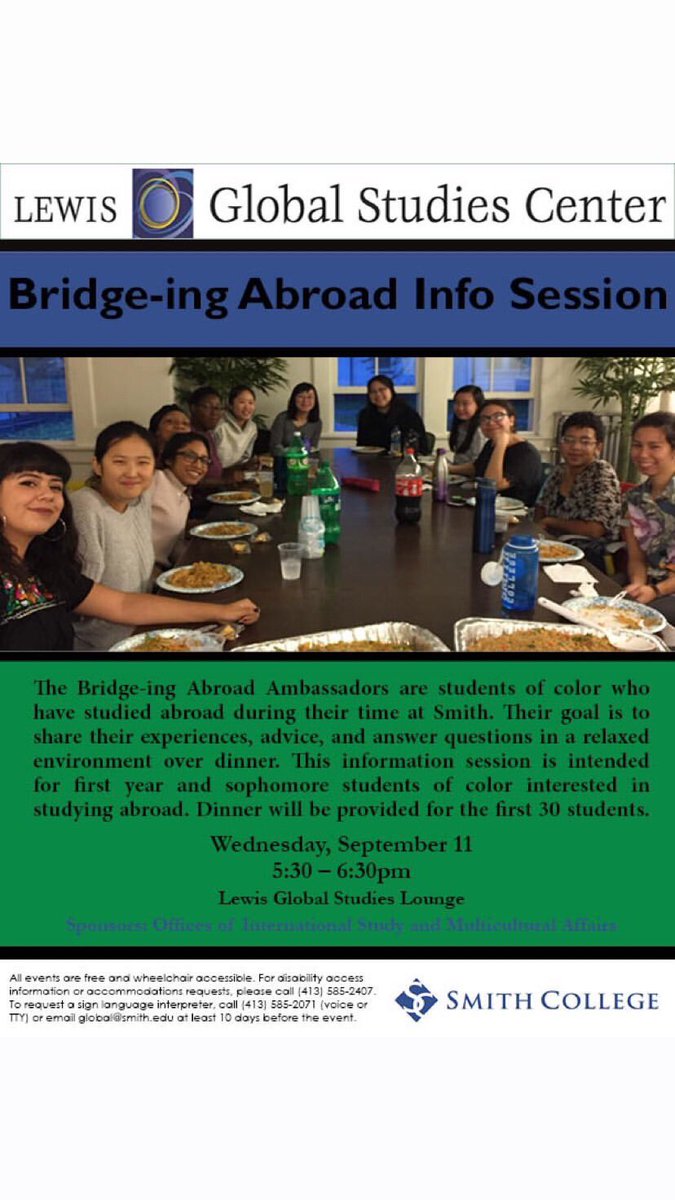 GSCsmith's tweet image. Want to know more about the study abroad experiences of students of color? 🎉✈️ Join us on 5:30pm on Wednesday , September 11 at Lewis Global Studies Center Lounge!
Free dinner will be provided for the first 30 students!