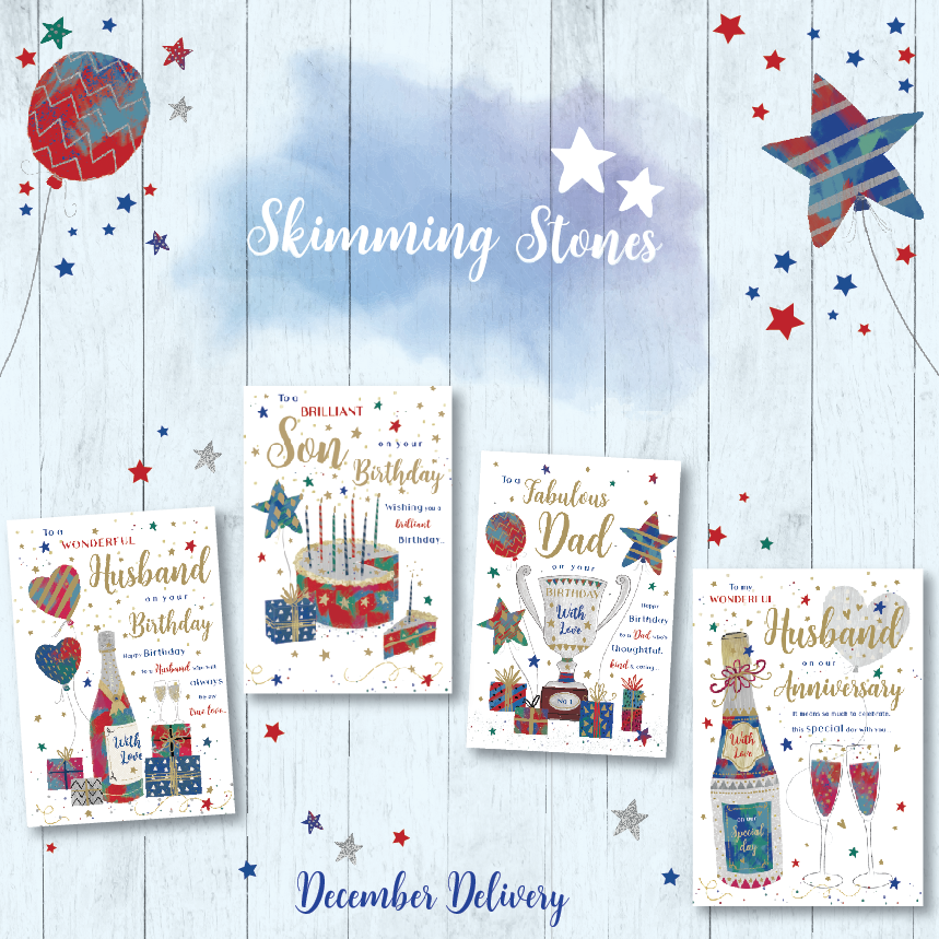 Introducing our brand new 125's,  Skimming Stones. A fantastic collection of designs featuring playful colour palettes, stand out finishes, a tipped back front page and a four page insert. A collection not to be missed! Order now for December delivery.