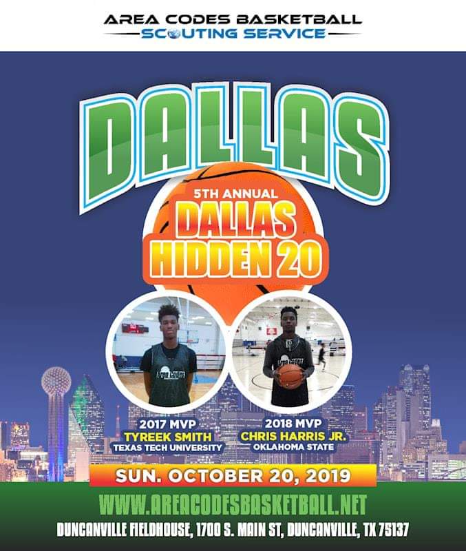 areacodes's tweet photo. The 5th Annual DALLAS Hidden 20 Top Prospects will take place on Sunday October 20 at the Duncanville Fieldhouse. Info https://t.co/E9K04hs9fp @TheTB5Reports @bigcityhoops2 @NINAZ_ @ChrisHarrisBB @gib_52 @coachroysd @TyeJ25 @duncanvillefh @Hboog32 @10Boomer @tonyronzone https://t.co/A6DhrQaMHZ