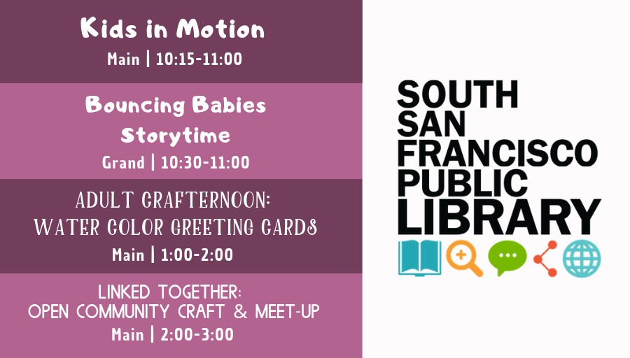 SSFLibrary's tweet photo. Friday's classes & workshops at SSFLibrary! Let's Learn! π https://t.co/iNxb0iOlSQ
#KidzInMotion #GrossMotorSkills #EarlyLiteracy #BouncingBabyStorytime #AdultCrafternoon #WaterColor #LinkTogether #SuicideAwarenessMonth #MentalHealth @CityofSSF https://t.co/rt9KiBEC2i