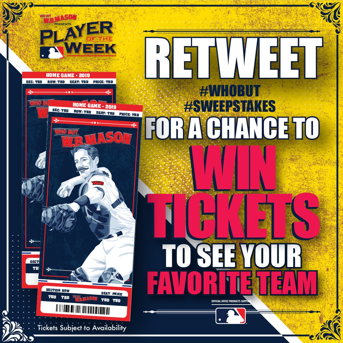 WBMasonCo's tweet image. FOLLOW @WBMasonCo and RETWEET for a chance to win tickets to see your favorite @MLB team this season! #WhoBut #Sweepstakes 

RT by 11:59AM ET on 9/12.
*Travel &amp;amp; Accommodation not included.*
For more info &amp;amp; to view official rules visit: wbmason.com/wbandmlb