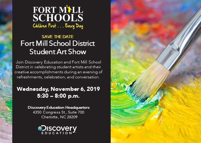 rwarren42's tweet image. SAVE THE DATE: Join @DiscoveryEd &amp;amp; @FortMillSD Wed 11/6 at 5:30pm in celebrating student artists and their creative accomplishments during an evening of refreshments, celebration, and conversation. #FM21STEAM #STEM #STEAM #DESTEM