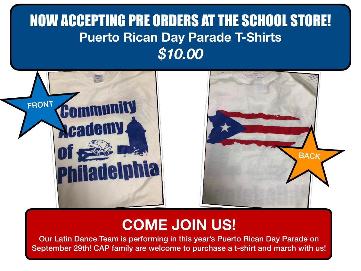CAPnewswire's tweet photo. #CAPfamily COME JOIN US! For all parents, family and students that are interested in joining CAP during this year's Puerto Rican Day parade on Sunday, September 29th you can now pre-order your shirts for $10.00.
*All participants are required to wear the shirt to walk with us. https://t.co/DiQbSMdqIr