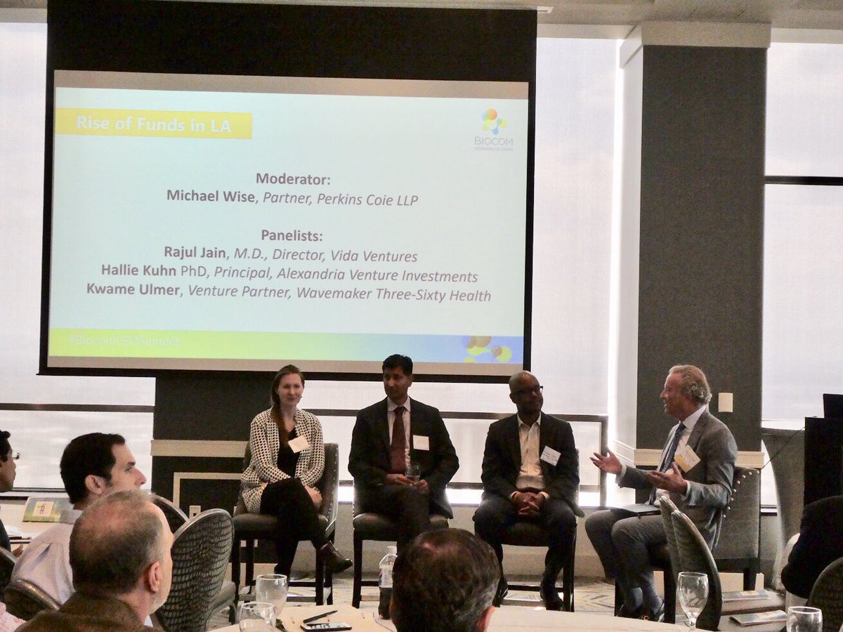 BiocominLA's tweet photo. “Rise of Funds in LA” panel getting started...thank you to our panelists @kwameulmer of Wavemaker Three-Sixty Health, Rajul Jain of @vidaventures, Hallie Kuhn of Alexandria Venture Investments, and moderator Michael Wise of @PerkinsCoieLLP. #BiocomCEOSummit #LA #LifeSciences https://t.co/XzboRtdVz8