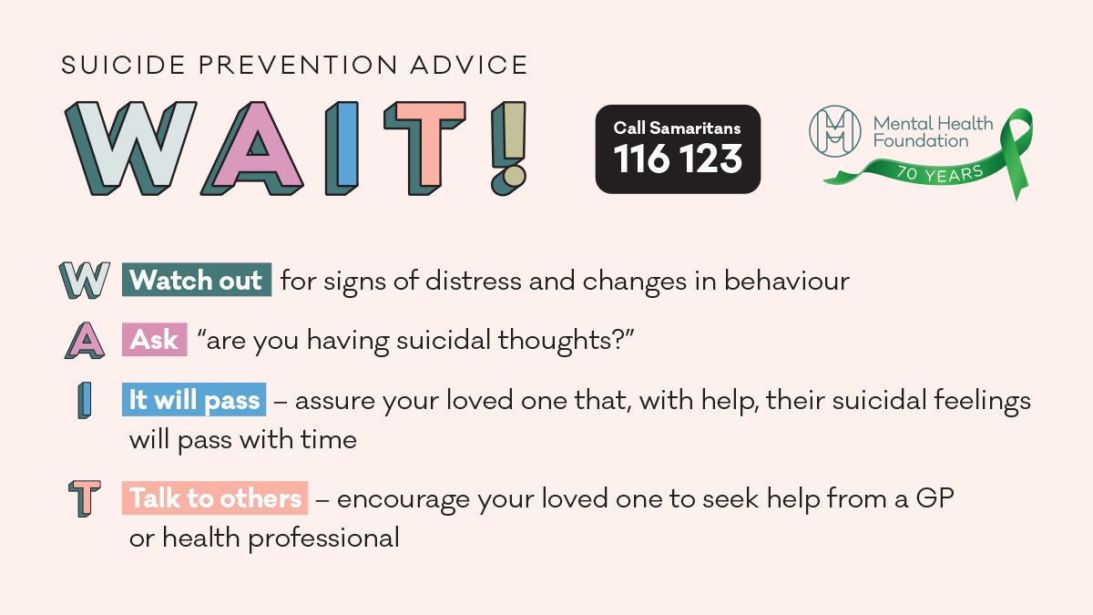 MHFAEngland's tweet photo. Prevention is something that we can all play a part in. A short conversation with another person may be enough to make the difference. 💚 ‘WAIT’ is a good way to remember how you can support someone who may be suicidal (via @mentalhealth) #WorldSuicidePreventionDay https://t.co/l3mdRTZf9M